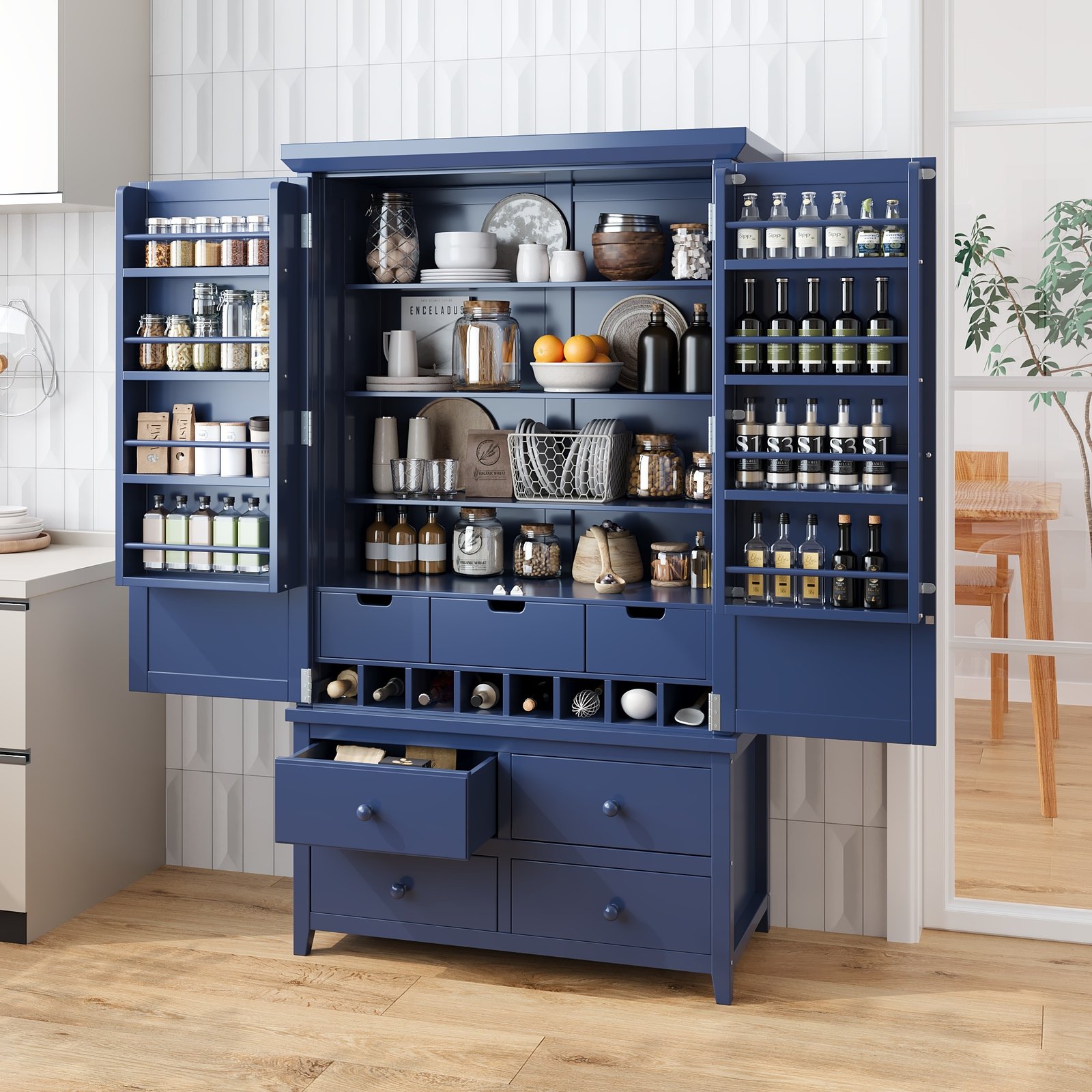 b4222d25-e127-4a26-92f7-742faa1bbe50.jpg Assembly&Show Video Available TOPMAx Freestanding Large Kitchen Pantry Wooden Kitchen Storage Cabinet Cupboard With 8 Door Shelves 3 Adjustable Shelves 7 Drawers& 8 Wine Racks Blue - Image 1
