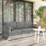 Patio Couch PE Wicker Deep Seating Outdoor Sofa With Removable Cushions, 3 Seater Rattan Sofa, Outdoor Furniture For Balcony, Deck, Garden And Poolside, Gray