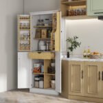 72" Kitchen Pantry Storage Cabinet, Modern Tall Kitchen Cabinet with 5-tier Storage Shelving, 8 Spice Racks, Drawer - Image 4