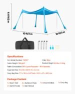Beach Tent Sun Shelter, UPF50+ Sun Protection, 6.6 Ft Tall, 10x10 Ft, Easy Pop Up Beach Canopy With 4 Sandbags, Stability Poles, Sand Shovels, Portable Shade For Family Outings, Camping, Fishing