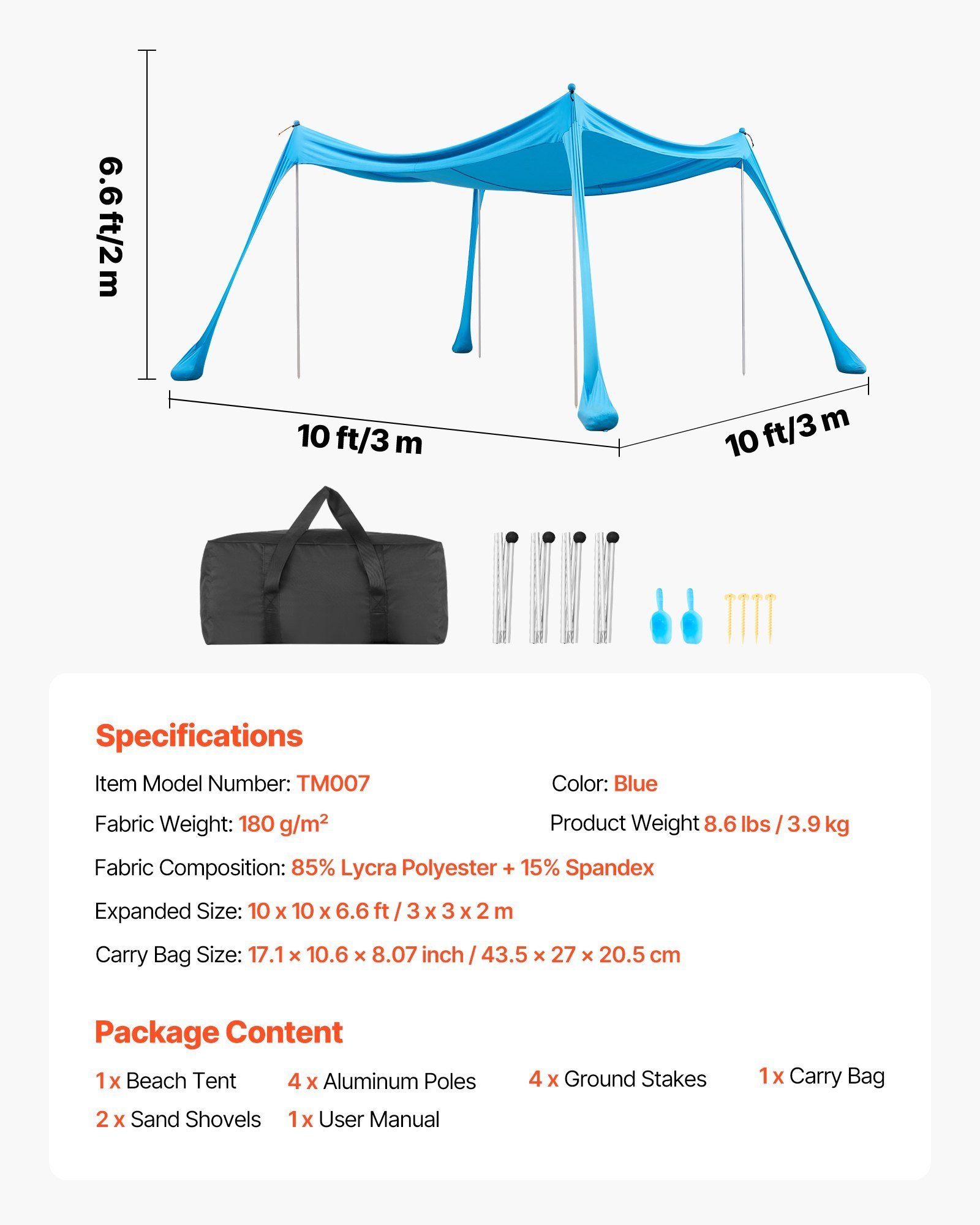 bb58403d-f602-4ba7-8626-666cded6f9ba.jpg Beach Tent Sun Shelter, UPF50+ Sun Protection, 6.6 Ft Tall, 10x10 Ft, Easy Pop Up Beach Canopy With 4 Sandbags, Stability Poles, Sand Shovels, Portable Shade For Family Outings, Camping, Fishing - Image 1