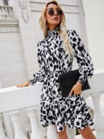 Leopard Print Round Hedging Ruffled Long-sleeved Midi Dress Information - Image 5