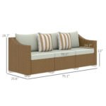 Rattan Wicker 3 Seater Patio Couch With Cushions, 2 Throw Pillows, Outdoor Furniture Rattan Sofa, Light Gray - Image 3