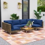 7 Piece Wicker Patio Furniture Set, Modular Outdoor Sectional With Thickened Cushions, Acacia Wood Table, Brown Blue - Image 4