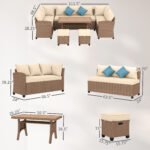 6 Piece Patio Furniture Set, PE Wicker Outdoor Furniture Conversation Set with 3 Sofas, 2 Ottomans and Slatted WPC Top Dining Table, All Weather Sectional Sofa Couch with Pillows, Khaki - Image 6