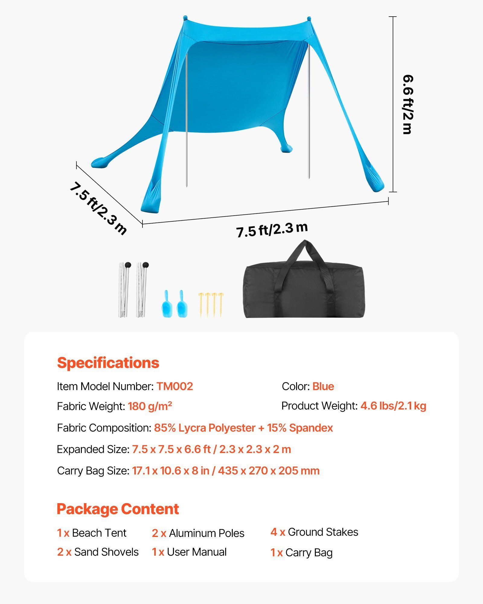 ce8e4ec4-1688-49b0-a83f-04c4347adb1a.jpg Beach Tent Sun Shelter, UPF50+ Sun Protection, 6.6 Ft Tall, 7.5x7.5 Ft, Easy Pop Up Beach Canopy With Sandbags, Stability Poles, Sand Shovels, Portable Shade For Family Outings, Camping, Fishing - Image 1