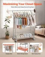 Clothes Rack, Rolling Clothing Garment Rack With 2 Hanging Rods And Storage Basket, 330 Lbs Load Capacity, Extendable Carbon Steel Clothing Racks With Wheels For Bedroom, Laundry, Living Room - Image 5