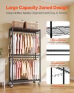 Rolling Clothes Rack, Heavy Duty Clothing Garment Rack, 3 Adjustable Tiers Clothing Racks With Carbon Steel, 450 Lbs Load Capacity Closet Wardrobe For Bedroom, Clothing Store, Hallway - Image 3
