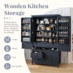 Assembly&Show Video Available TOPMAx Freestanding Large Kitchen Pantry Wooden Kitchen Storage Cabinet Cupboard With 8 Door Shelves 3 Adjustable Shelves 7 Drawers& 8 Wine Racks  Gray - Image 5