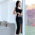 Fashion Lace Stitching Bag Hip High Slit Dress Women - Image 3
