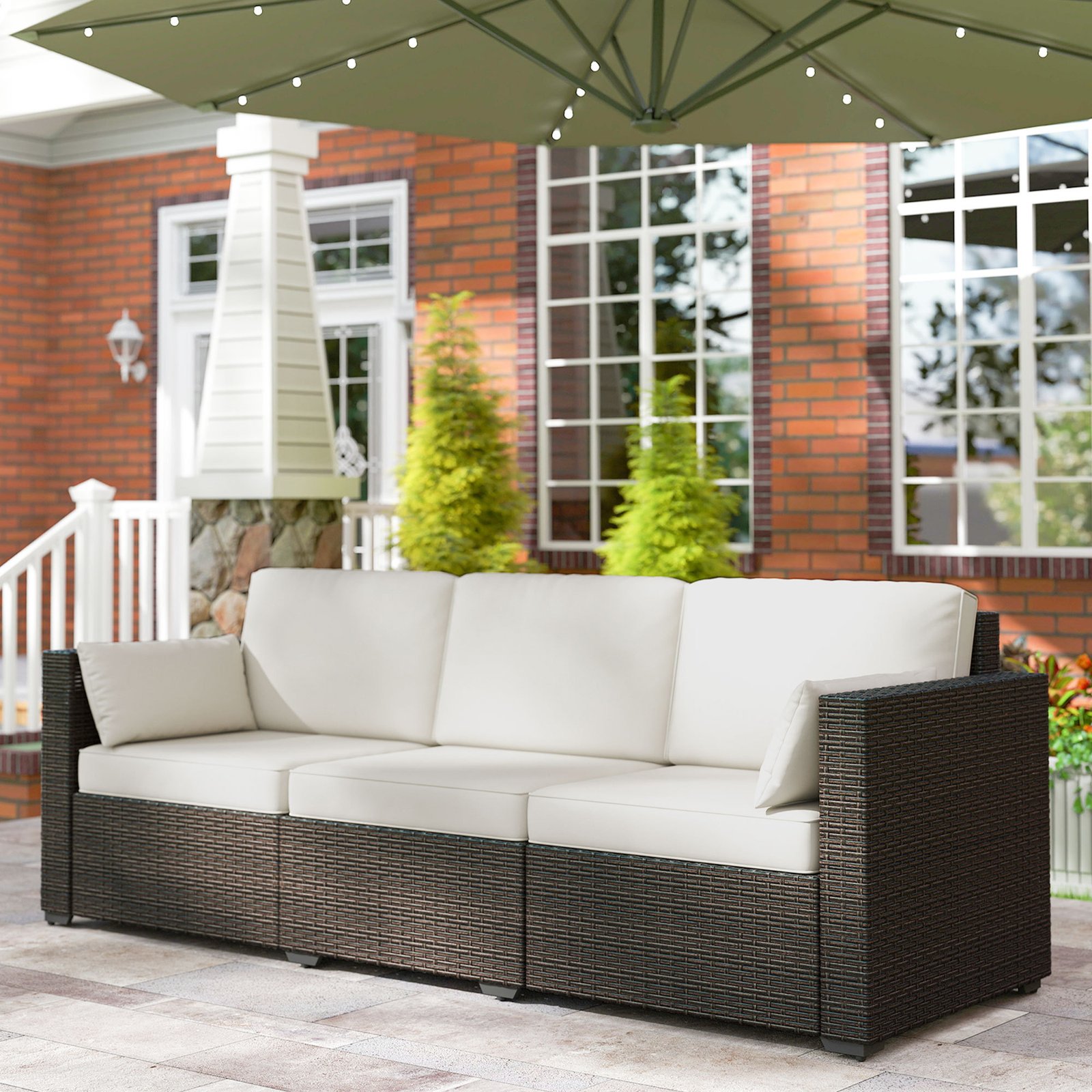 d603b2bc-4f8b-491f-9039-b53a237554b9.jpg Patio Couch PE Wicker Deep Seating Outdoor Sofa With Removable Cushions, 3 Seater Rattan Sofa, Outdoor Furniture For Balcony, Deck, Garden And Poolside, Cream White - Image 1