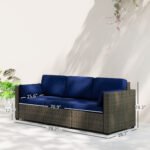 Patio Couch PE Wicker Deep Seating Outdoor Sofa With Removable Cushions, 3 Seater Rattan Sofa, Outdoor Furniture For Balcony, Deck, Garden And Poolside, Navy Blue - Image 2