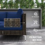 7 Piece Wicker Patio Furniture Set, Modular Outdoor Sectional With Thickened Cushions, Acacia Wood Table, Brown Blue - Image 2