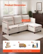 Modular Sectional Sofa, 3-Seater Modular Sofa With Hidden Storage, Cloud Sectional Couch With Ottoman & High Rebound Sponge, Solid Wood Frame Upholstered Couch For Living Room, Bedroom, Beige - Image 2