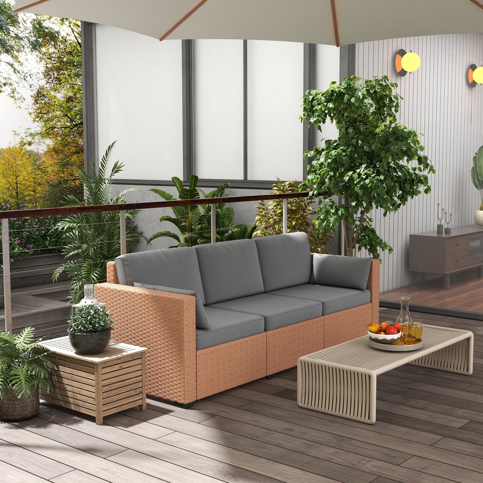 e279b012-0f6c-4940-bfd1-0485fdcb01aa.jpg Patio Couch PE Wicker Deep Seating Outdoor Sofa With Removable Cushions, 3 Seater Rattan Sofa, Outdoor Furniture For Balcony, Deck, Garden And Poolside, Sand - Image 1