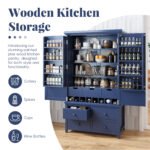 Assembly&Show Video Available  TOPMAx Freestanding Large Kitchen Pantry Wooden Kitchen Storage Cabinet Cupboard With 8 Door Shelves 3 Adjustable Shelves 7 Drawers& 8 Wine Racks  Blue - Image 2