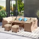 6 Piece Patio Furniture Set, PE Wicker Outdoor Furniture Conversation Set with 3 Sofas, 2 Ottomans and Slatted WPC Top Dining Table, All Weather Sectional Sofa Couch with Pillows, Khaki - Image 7
