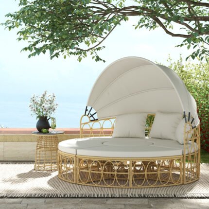 Patio Furniture Set, Round Outdoor Daybed with Retractable Canopy, Hollow Wicker PE Rattan Sectional Sofa with Washable Couch Cushions for Pool, Lawn, Cream White