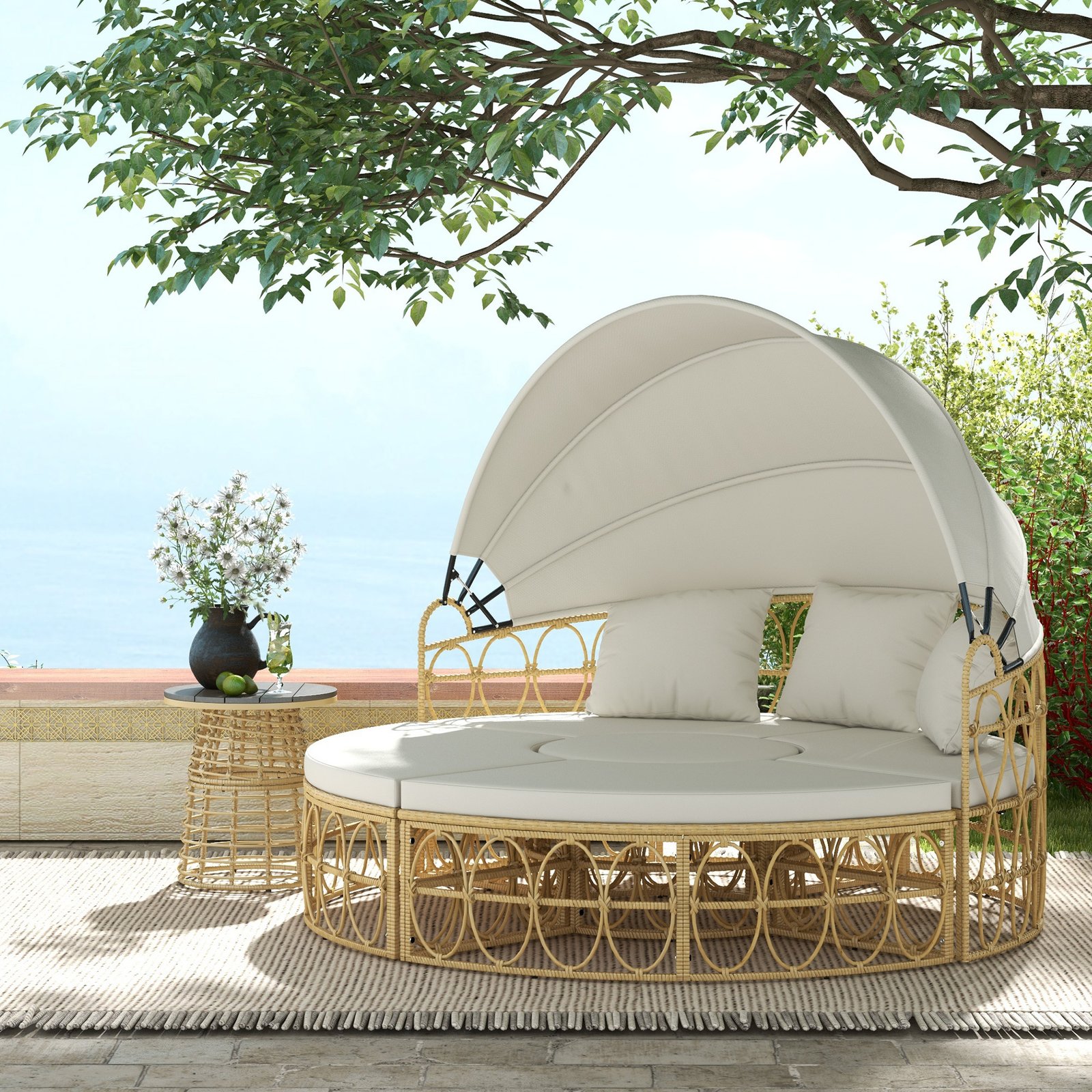 f240297e-8a0c-467d-b94b-246234185ba4.jpg Patio Furniture Set, Round Outdoor Daybed with Retractable Canopy, Hollow Wicker PE Rattan Sectional Sofa with Washable Couch Cushions for Pool, Lawn, Cream White - Image 1