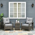 3 Piece Patio Furniture, PE Wicker Storage Table & Chairs, Gray