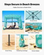 Beach Cabana, 6 X 6 Ft Beach Canopy With Side Wall, UPF 50+ Protection Easy Setup Cabana Tent With Sand Pockets, Large Portable Shade Sun Shelter, Outdoor Umbrella For Whole Family & Friends - Image 5