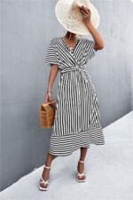 European And American Spring And Summer  Cross V-neck Lace-up Striped Dress - Image 2
