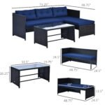 3 Piece Patio Furniture Set, Rattan Outdoor Sofa Set with Chaise Lounge & Loveseat, Soft Cushions, Tempered Glass Table, L-Shaped Sectional Couch, Blue - Image 3