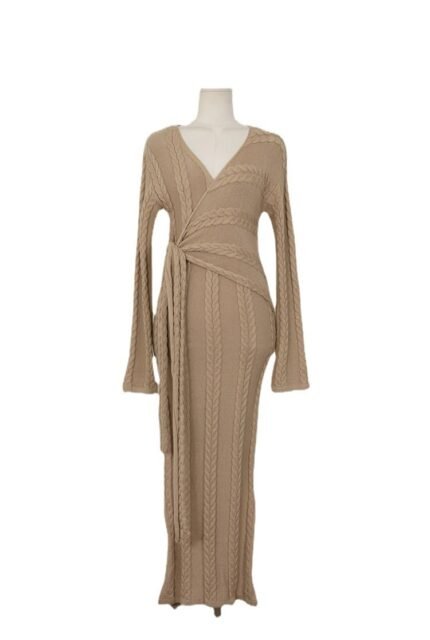 Winter  Korean Style Temperament V-neck Design Sense Lace-up Waist Linen
