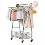 Clothes Rack, Rolling Clothing Garment Rack With 2 Hanging Rods And Storage Basket, 330 Lbs Load Capacity, Extendable Carbon Steel Clothing Racks With Wheels For Bedroom, Laundry, Living Room