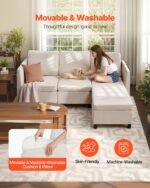 Modular Sectional Sofa, 3-Seater Modular Sofa With Hidden Storage, Cloud Sectional Couch With Ottoman & High Rebound Sponge, Solid Wood Frame Upholstered Couch For Living Room, Bedroom, Beige - Image 3