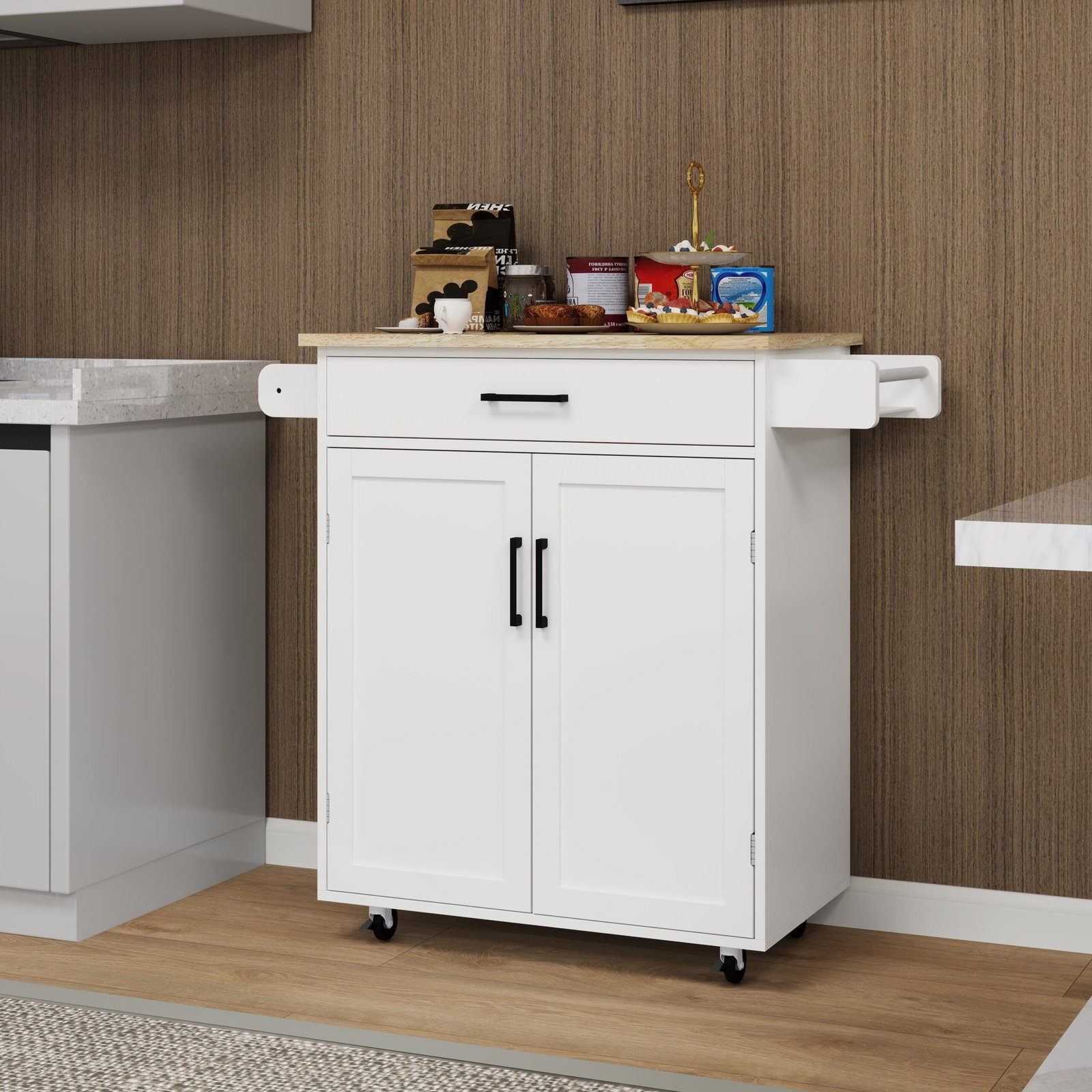fd917b50-3a33-470a-b5a2-1aeadb326e9e.jpg Kitchen Island Rolling Trolley Cart With 1 Drawer & 2 Doors With Storage Racks & Adjustable Shelves & Towel Rack & Seasoning Rack Rubber Wood Table Top-White - Image 1