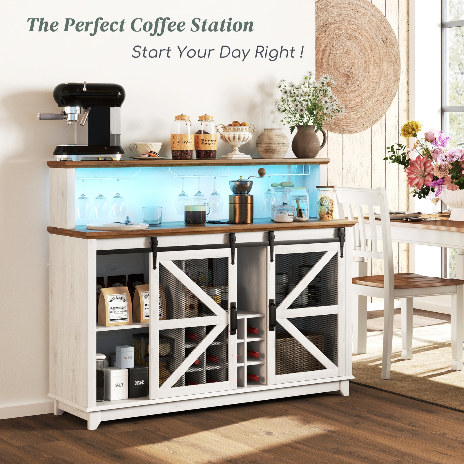 ff8451f6-add8-451c-b0e4-86aaf917b30b.jpg 55" Coffee Bar Cabinet with Lights, Farmhouse Wine Cabinet with Wine and Glass Racks for Kitchen, Dining Room, White - Image 1
